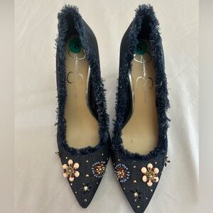 Jessica Simpson Embellished Denim Pointy Toe Heels Pumps Women's SZ 8M DENIM BLU